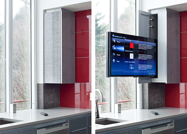 Noche Grigio Laminated Glass Cabinets - TV Slide-Open Cabinet Detail